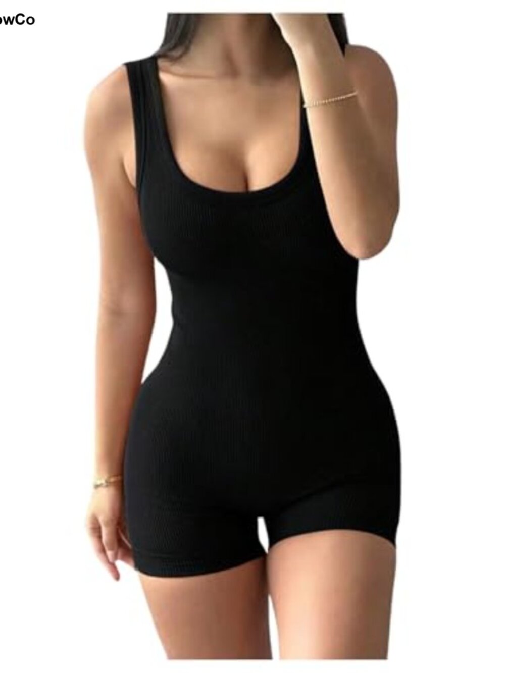 Sleeveless Rib Knit Square Neck Romper Workout Yoga One Piece Jumpsuit